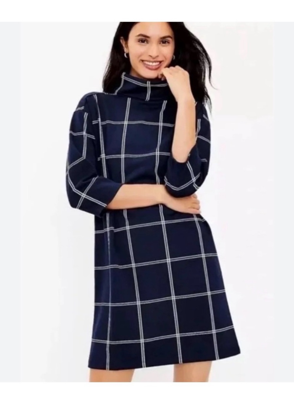 LOFT Navy Windowpane Shift Dress with Funnel Neck